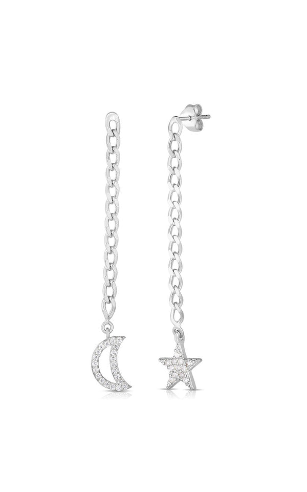 Moon And Star Cuban Chain Drop Stud Earring - Sphera Milano